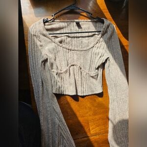 SHEIN Beige Ribbed Scoop Neck Long Sleeve Crop Top